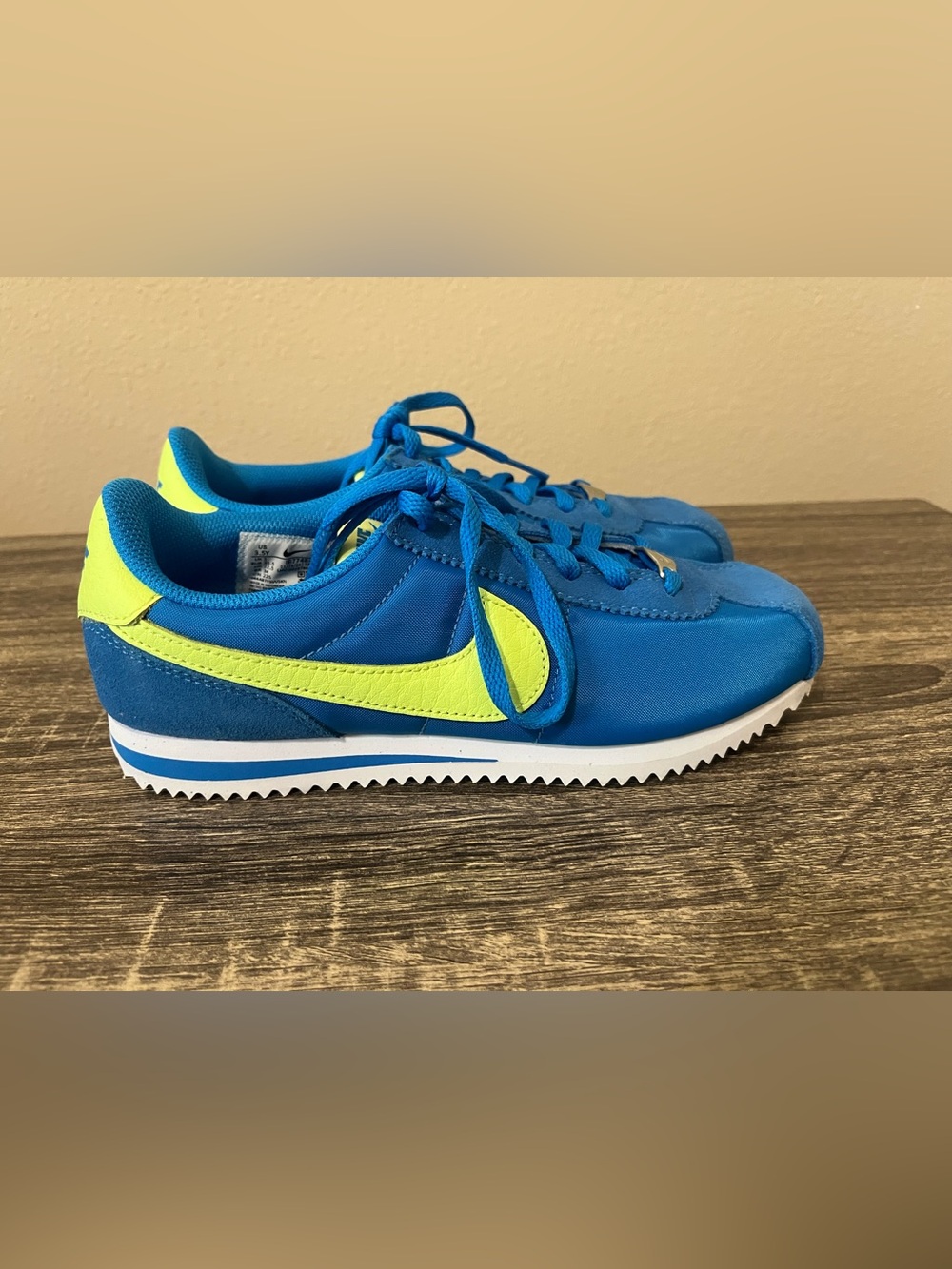 Nike Cortez Kids Blue & Neon Yellow Athletic Sneakers